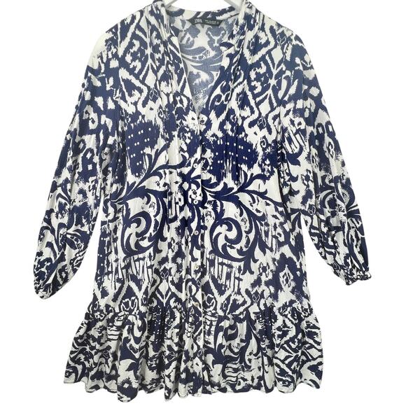 Zara Printed Tunic Mini Dress Blue White L Bohemian Peasant Long Sleeve Flowy - Picture 2 of 6